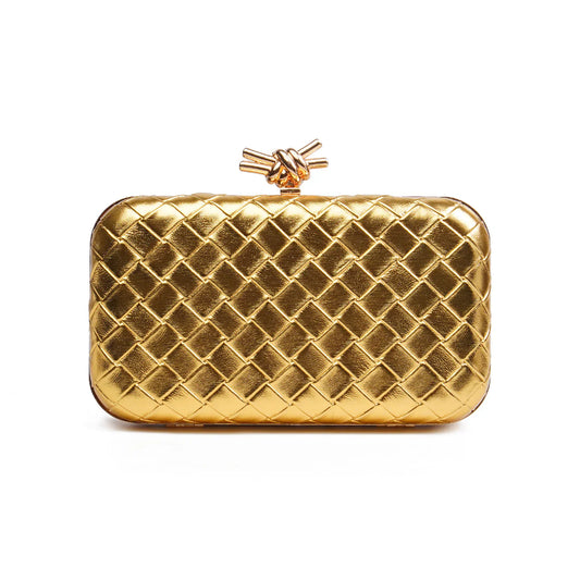 Gold Woven Shell Clutch with Knot Clasp