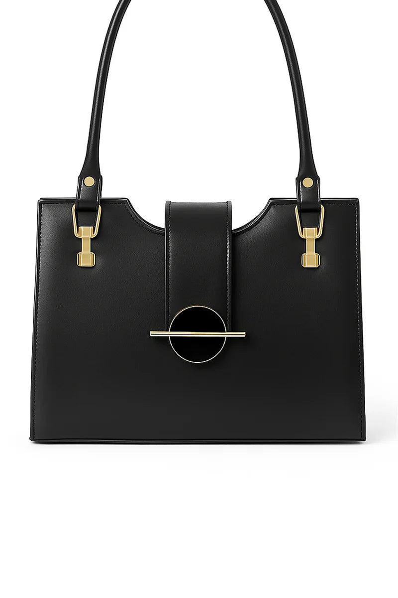 Black Structured Handbag with Gold-Tone Hardware